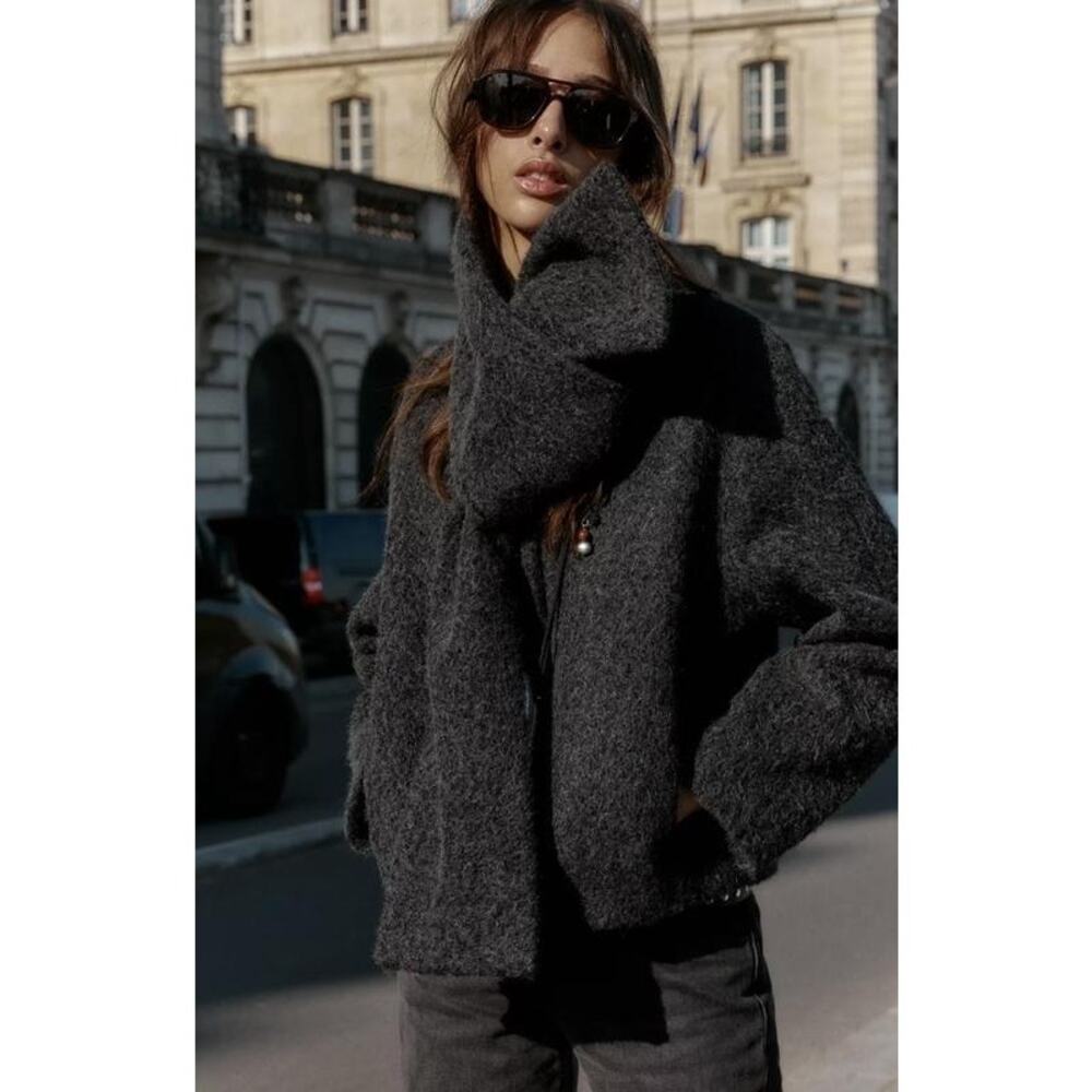 Zara Short Boucle Coat with Scarf 6318/295/922 Womens XL Dark Gray Button Front